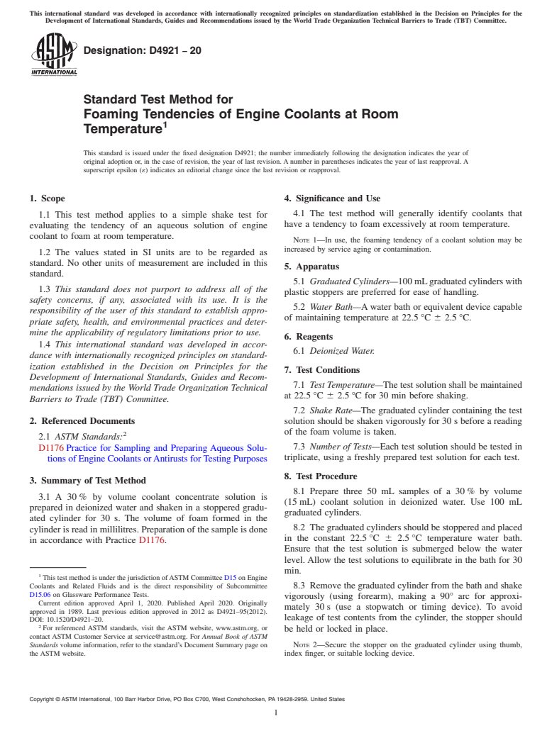 ASTM D4921-20 - Standard Test Method for Foaming Tendencies of Engine Coolants at Room Temperature