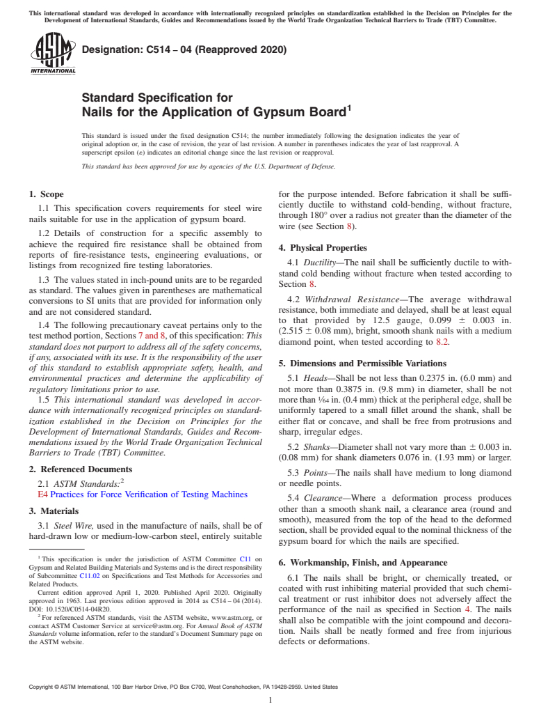 ASTM C514-04(2020) - Standard Specification for  Nails for the Application of Gypsum Board