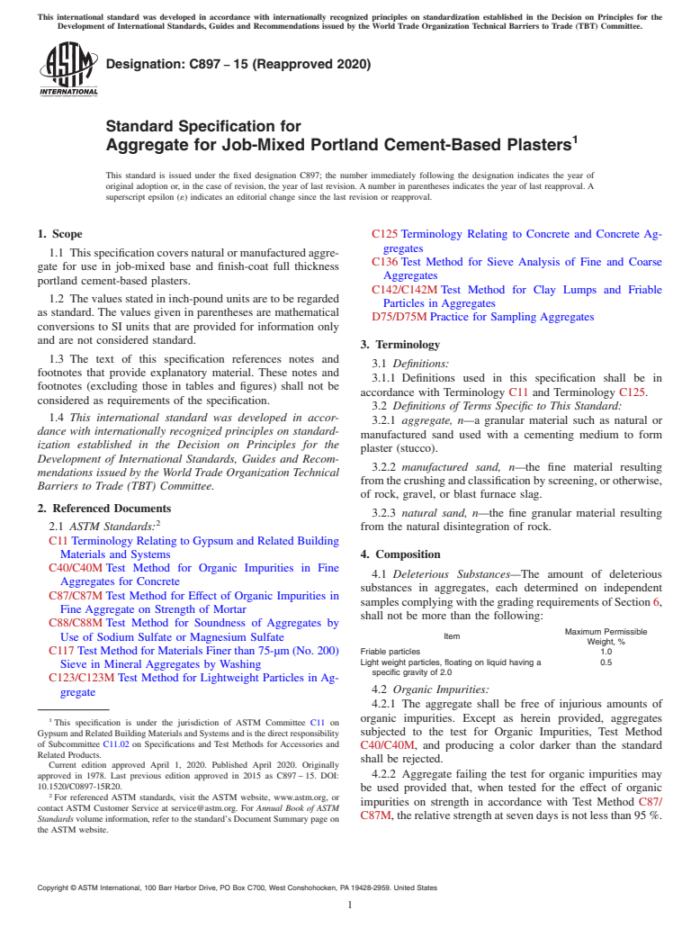 ASTM C897-15(2020) - Standard Specification for  Aggregate for Job-Mixed Portland Cement-Based Plasters