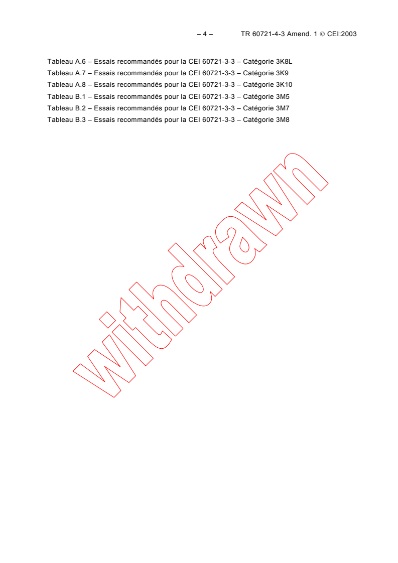 IEC TR 60721-4-3:2001/AMD1:2003 IEC TR 60721-4-3:2001/AMD1:2003 - Amendment 1 - Classification of environmental conditions - Part 4-3: Guidance for the correlation and transformation of environmental condition classes of IEC 60721-3 to the environmental tests of IEC 60068 - Stationary use at weatherprotected locations
Released:5/20/2003
Isbn:2831869277 - Page 4 preview