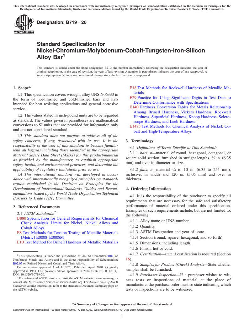 ASTM B719-20 - Standard Specification for Nickel-Chromium-Molybdenum-Cobalt-Tungsten-Iron-Silicon Alloy  Bar