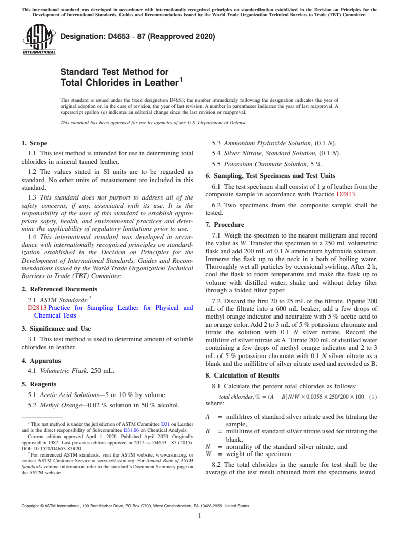 ASTM D4653-87(2020) - Standard Test Method for  Total Chlorides in Leather