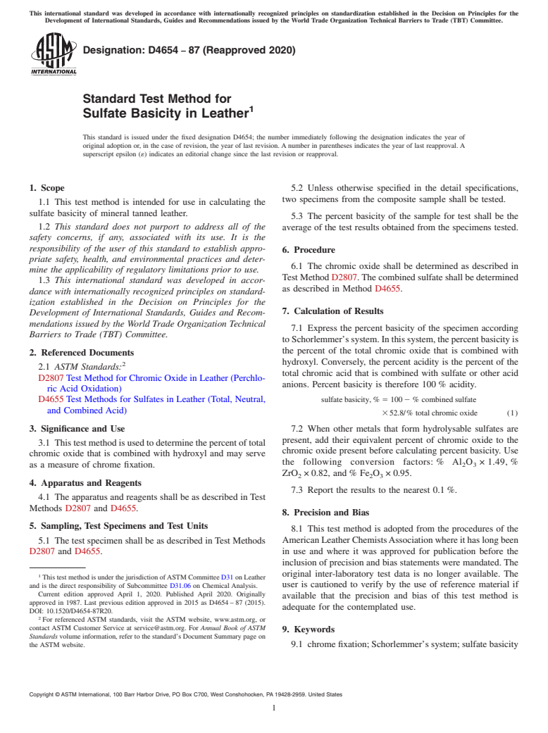 ASTM D4654-87(2020) - Standard Test Method for  Sulfate Basicity in Leather