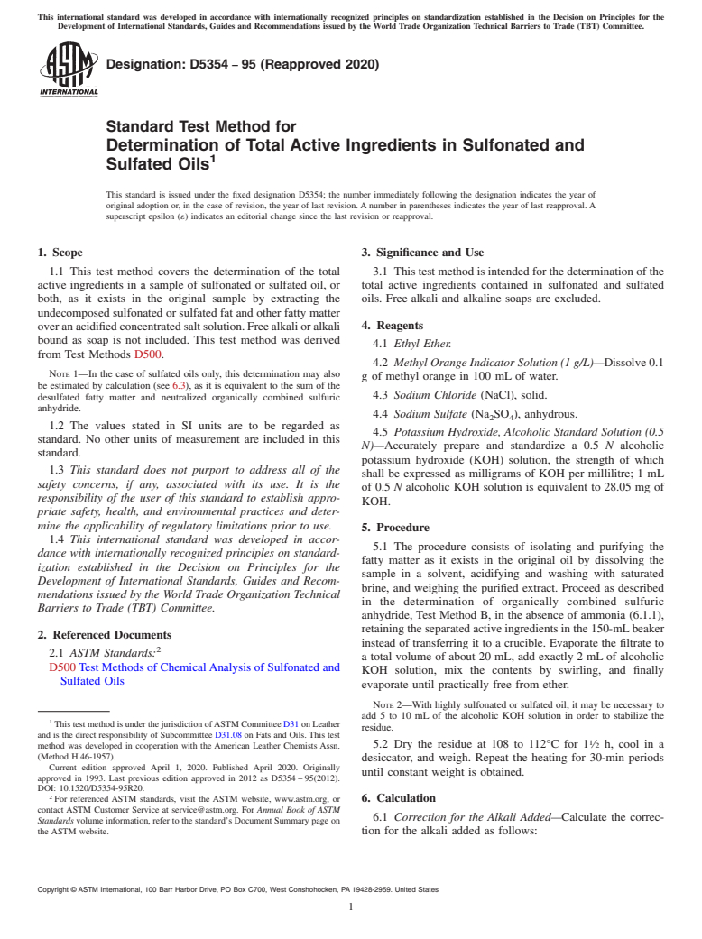 ASTM D5354-95(2020) - Standard Test Method for  Determination of Total Active Ingredients in Sulfonated and  Sulfated Oils