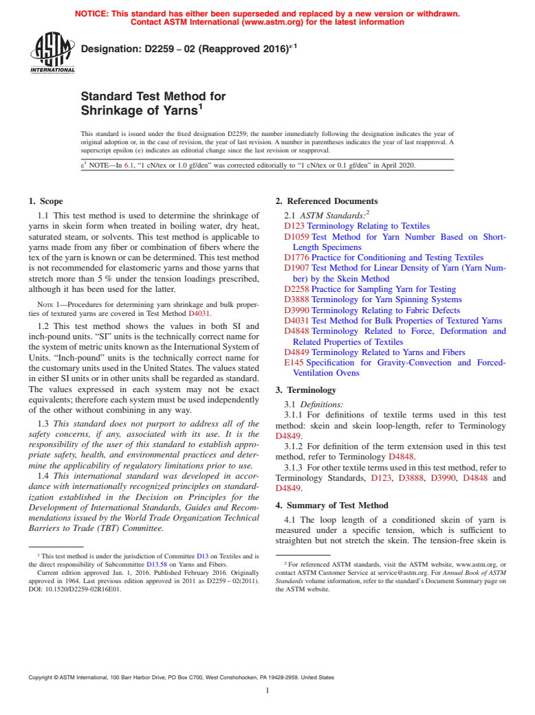 ASTM D2259-02(2016)e1 - Standard Test Method for  Shrinkage of Yarns