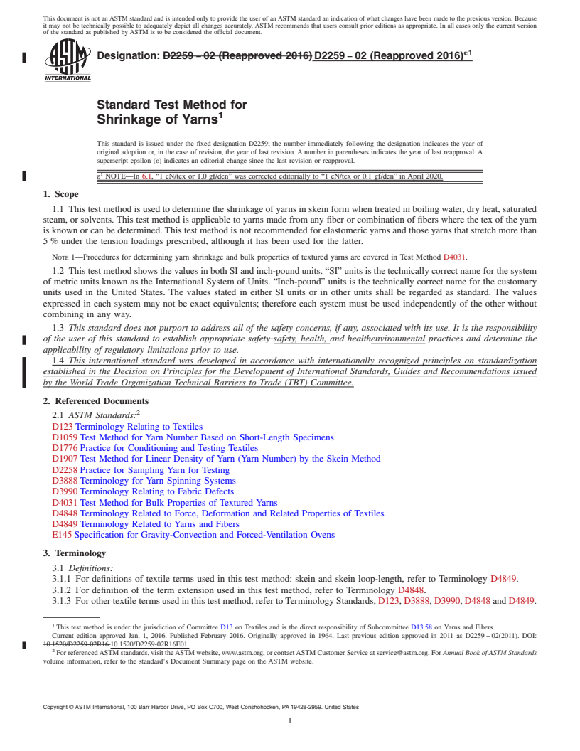 REDLINE ASTM D2259-02(2016)e1 - Standard Test Method for  Shrinkage of Yarns