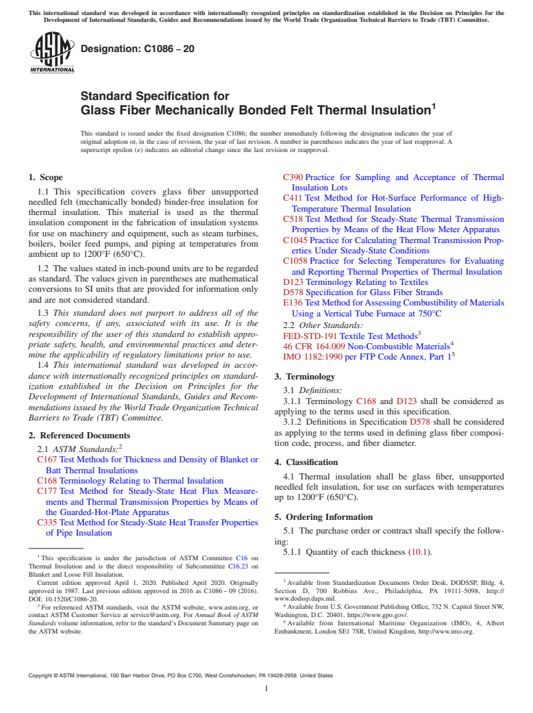 ASTM C1086-20 - Standard Specification for  Glass Fiber Mechanically Bonded Felt Thermal Insulation