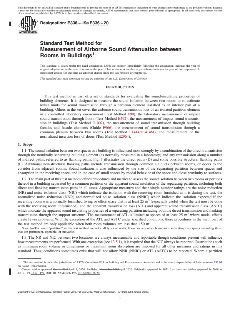 REDLINE ASTM E336-20 - Standard Test Method for Measurement of Airborne Sound Attenuation between Rooms in  Buildings