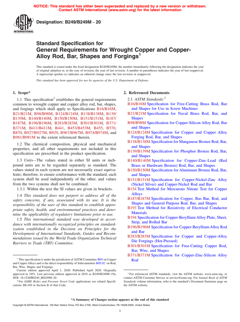 ASTM B249/B249M-20 - Standard Specification for General Requirements for Wrought Copper and Copper-Alloy Rod,  Bar, Shapes and Forgings