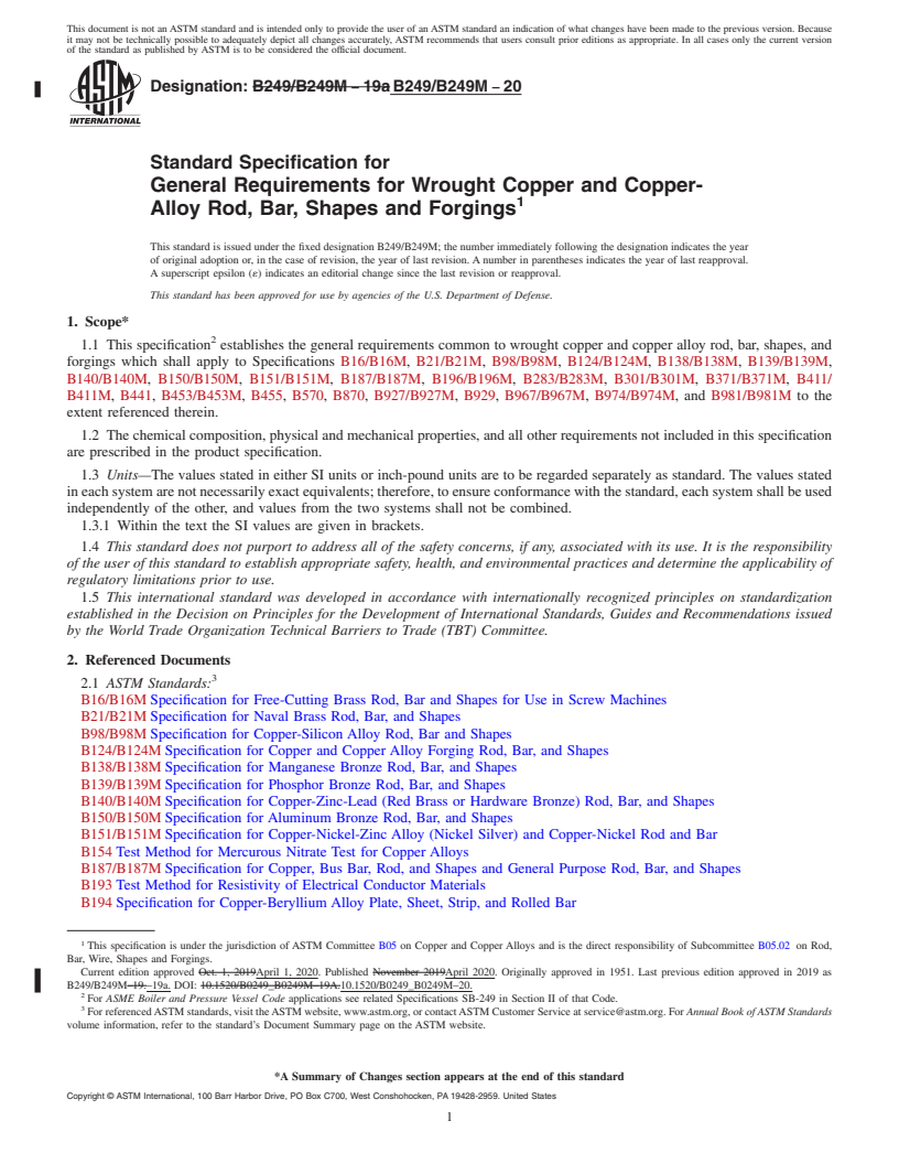 REDLINE ASTM B249/B249M-20 - Standard Specification for General Requirements for Wrought Copper and Copper-Alloy Rod,  Bar, Shapes and Forgings