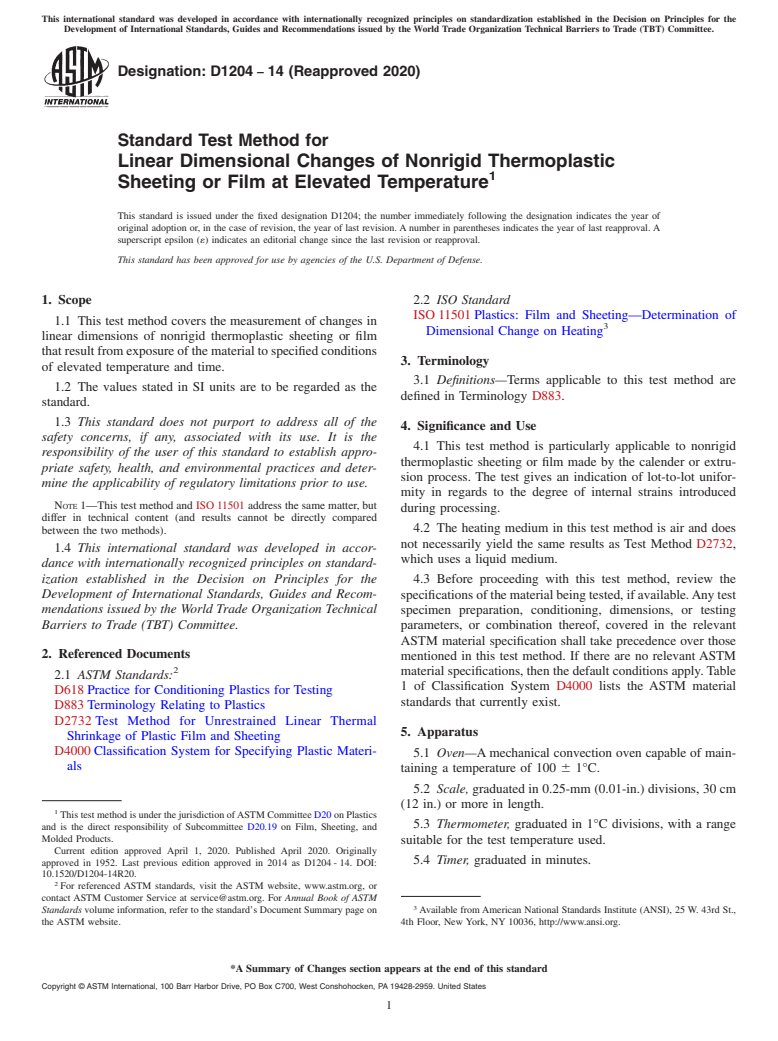 ASTM D1204-14(2020) - Standard Test Method for  Linear Dimensional Changes of Nonrigid Thermoplastic Sheeting  or Film at Elevated Temperature