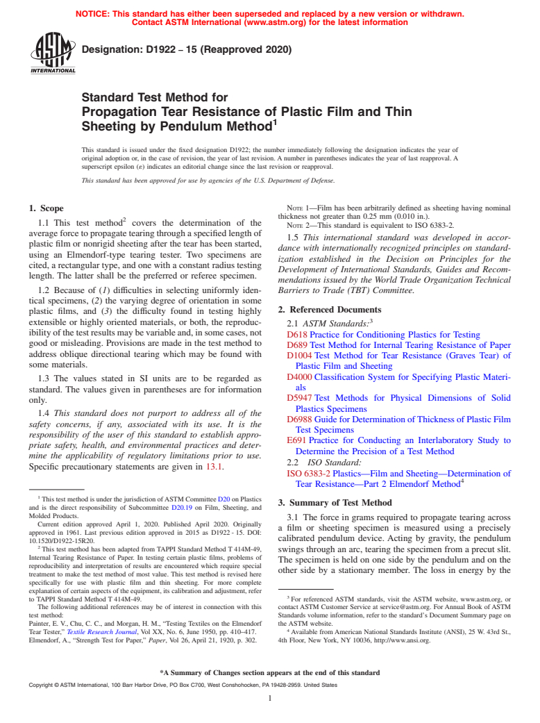 ASTM D1922-15(2020) - Standard Test Method for Propagation Tear Resistance of Plastic Film and Thin Sheeting  by Pendulum Method