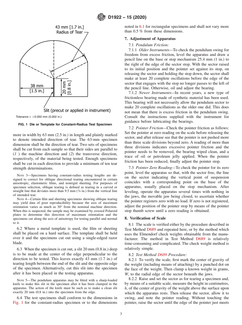 ASTM D1922-15(2020) - Standard Test Method for Propagation Tear Resistance of Plastic Film and Thin Sheeting  by Pendulum Method