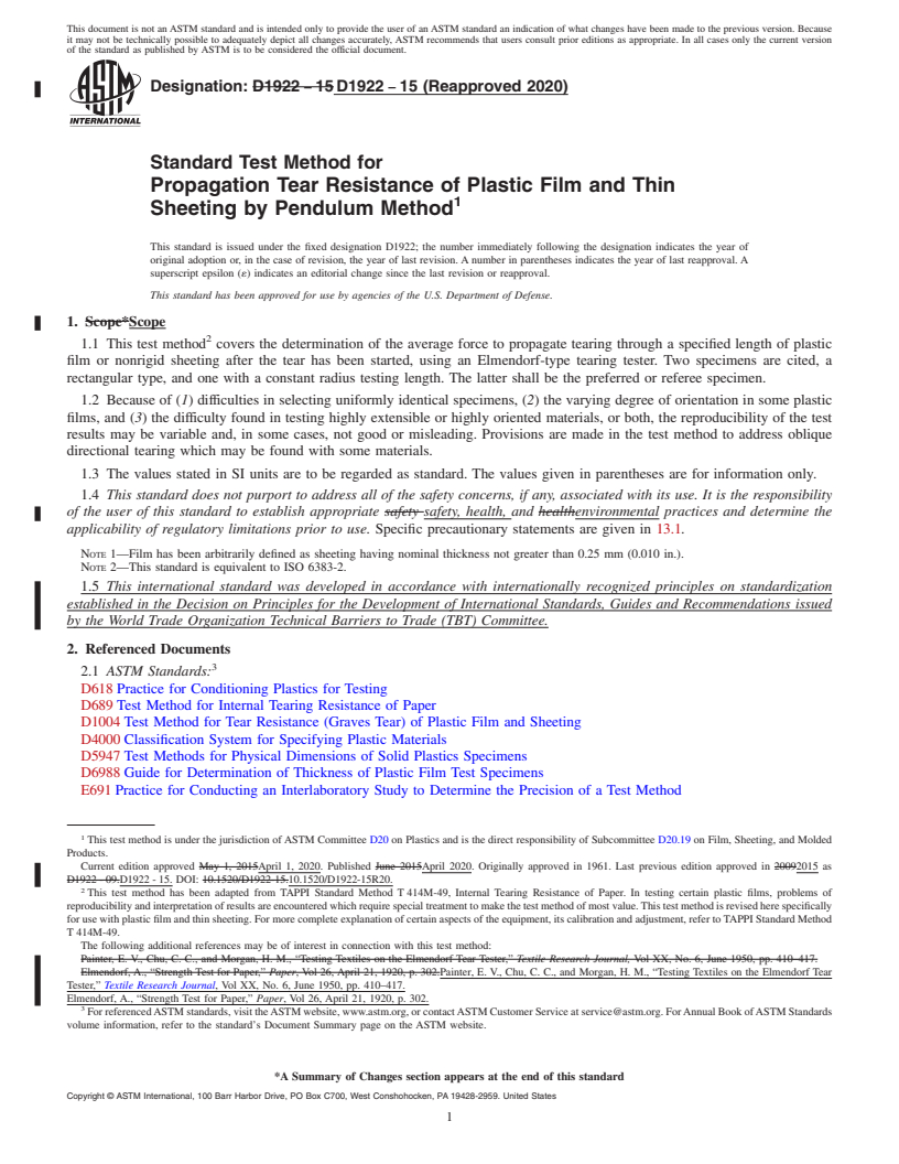 REDLINE ASTM D1922-15(2020) - Standard Test Method for Propagation Tear Resistance of Plastic Film and Thin Sheeting  by Pendulum Method