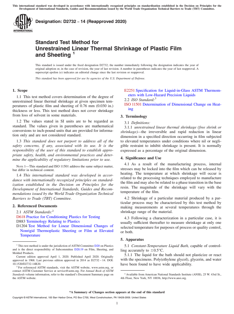 ASTM D2732-14(2020) - Standard Test Method for  Unrestrained Linear Thermal Shrinkage of Plastic Film<brk/> and  Sheeting