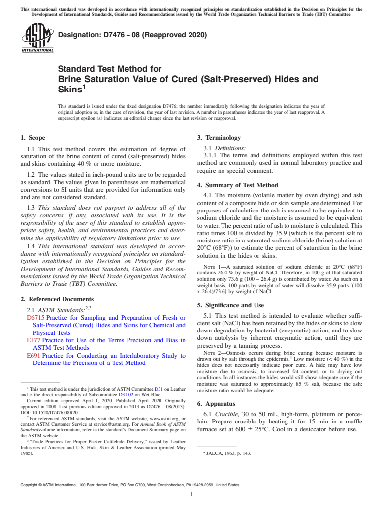 ASTM D7476-08(2020) - Standard Test Method for  Brine Saturation Value of Cured (Salt-Preserved) Hides and  Skins