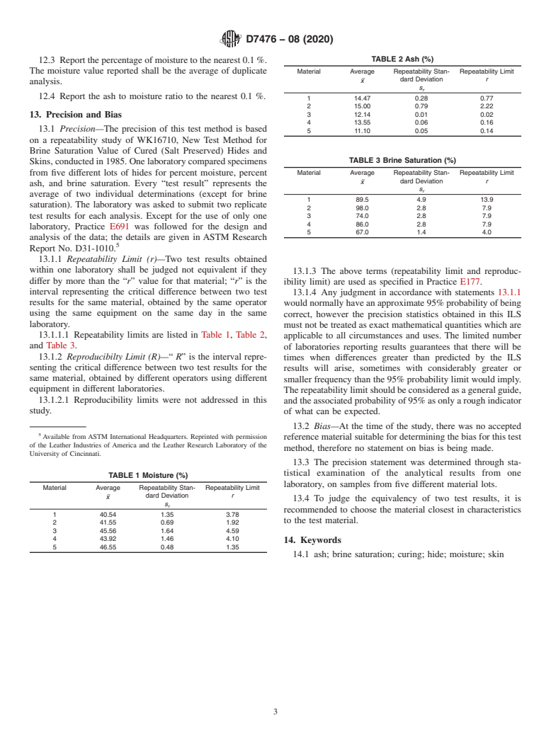 ASTM D7476-08(2020) - Standard Test Method for  Brine Saturation Value of Cured (Salt-Preserved) Hides and  Skins