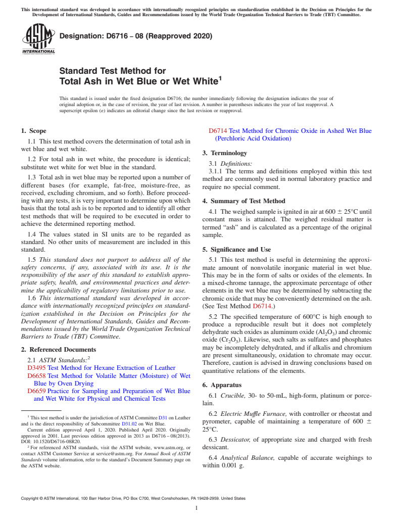 ASTM D6716-08(2020) - Standard Test Method for  Total Ash in Wet Blue or Wet White