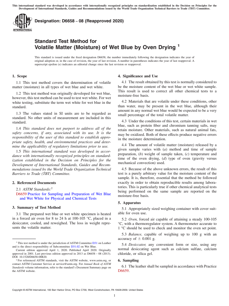 ASTM D6658-08(2020) - Standard Test Method for  Volatile Matter (Moisture) of Wet Blue by Oven Drying