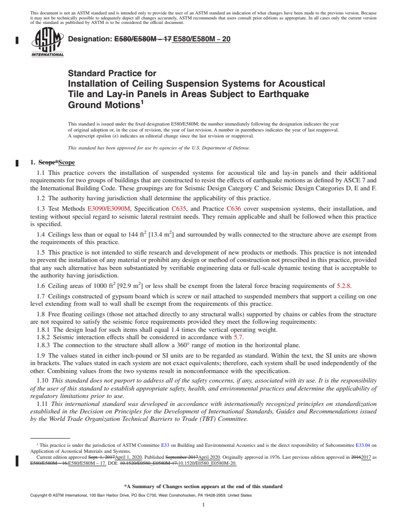 REDLINE ASTM E580/E580M-20 - Standard Practice for  Installation of Ceiling Suspension Systems for Acoustical Tile  and Lay-in Panels in Areas Subject to Earthquake Ground Motions