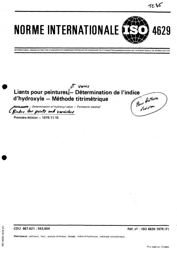 ISO 4629:1978 - Liants pour peintures -- Détermination de l'indice d'hydroxyle -- Méthode titrimétrique