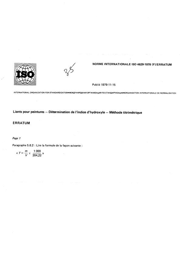 ISO 4629:1978 - Liants pour peintures -- Détermination de l'indice d'hydroxyle -- Méthode titrimétrique