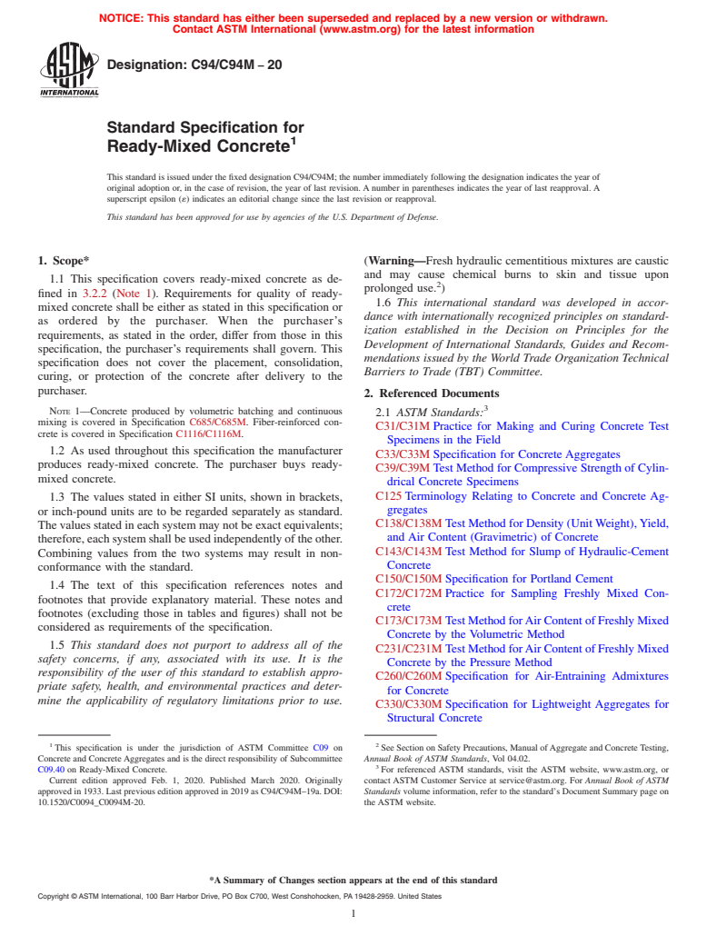 ASTM C94/C94M-20 - Standard Specification for  Ready-Mixed Concrete