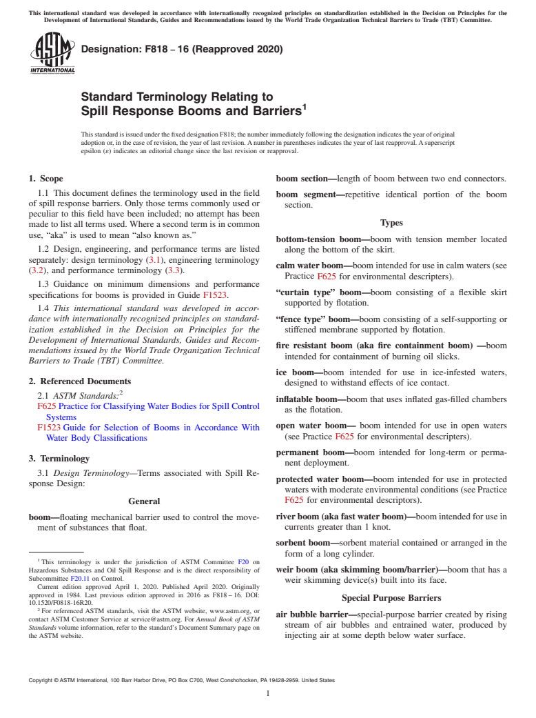 ASTM F818-16(2020) - Standard Terminology Relating to  Spill Response Booms and Barriers