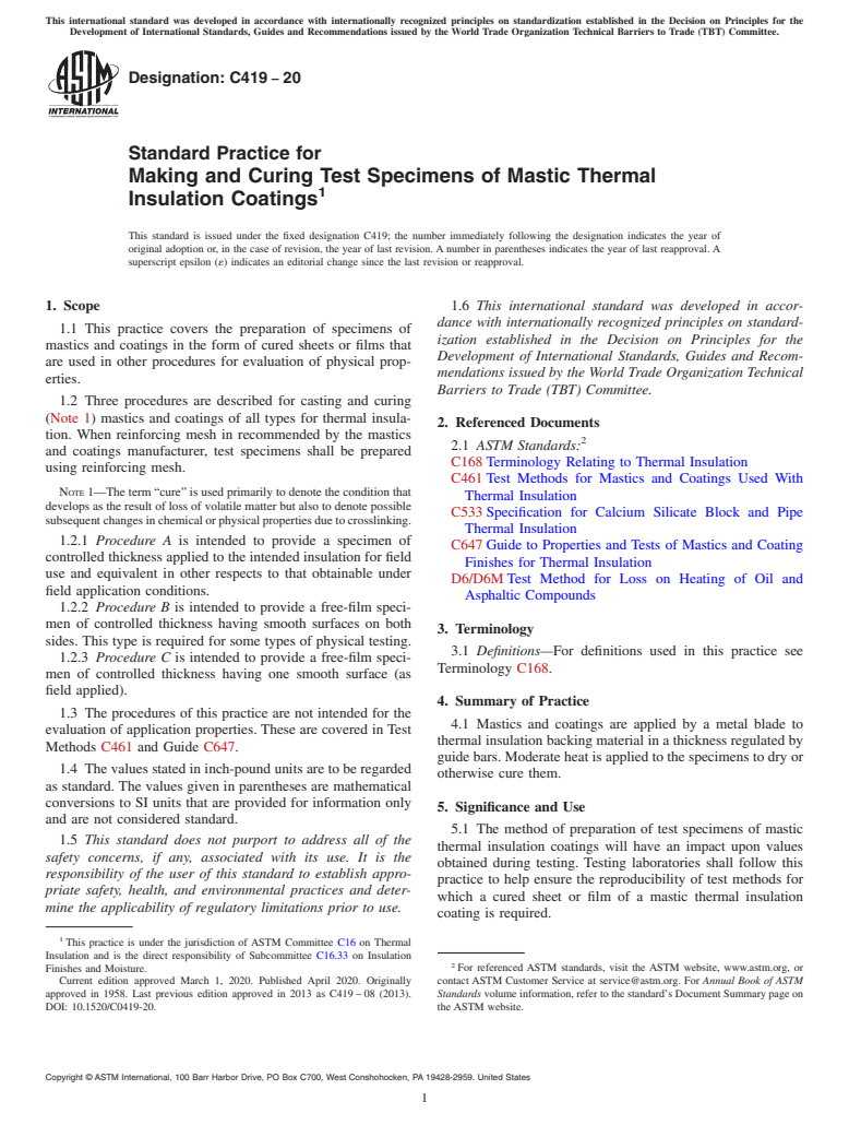 ASTM C419-20 - Standard Practice for  Making and Curing Test Specimens of Mastic Thermal Insulation  Coatings