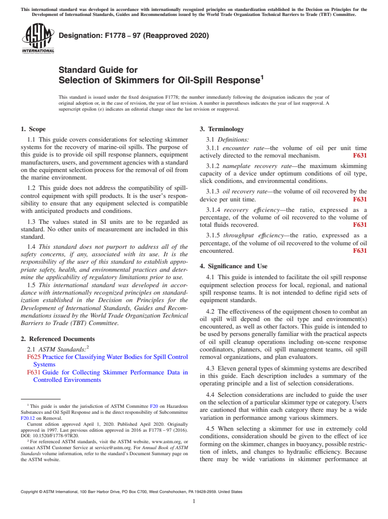 ASTM F1778-97(2020) - Standard Guide for  Selection of Skimmers for Oil-Spill Response