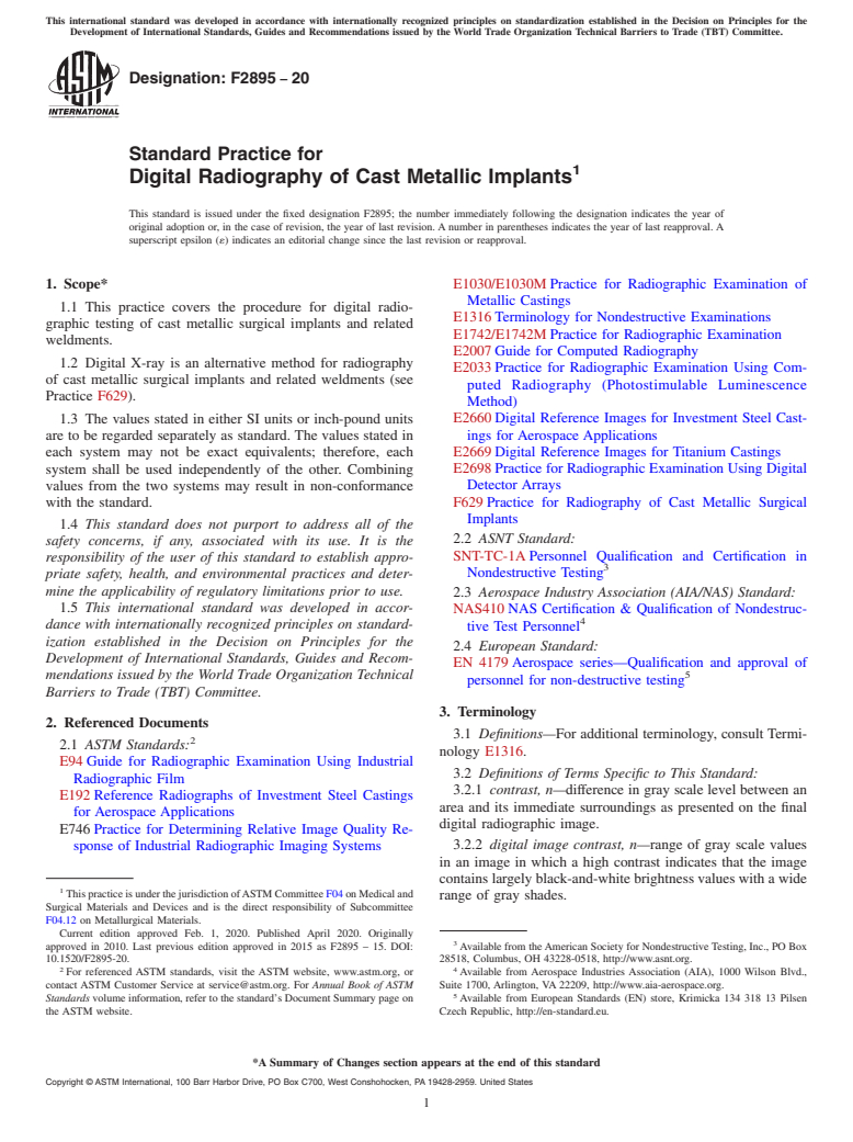 ASTM F2895-20 - Standard Practice for  Digital Radiography of Cast Metallic Implants