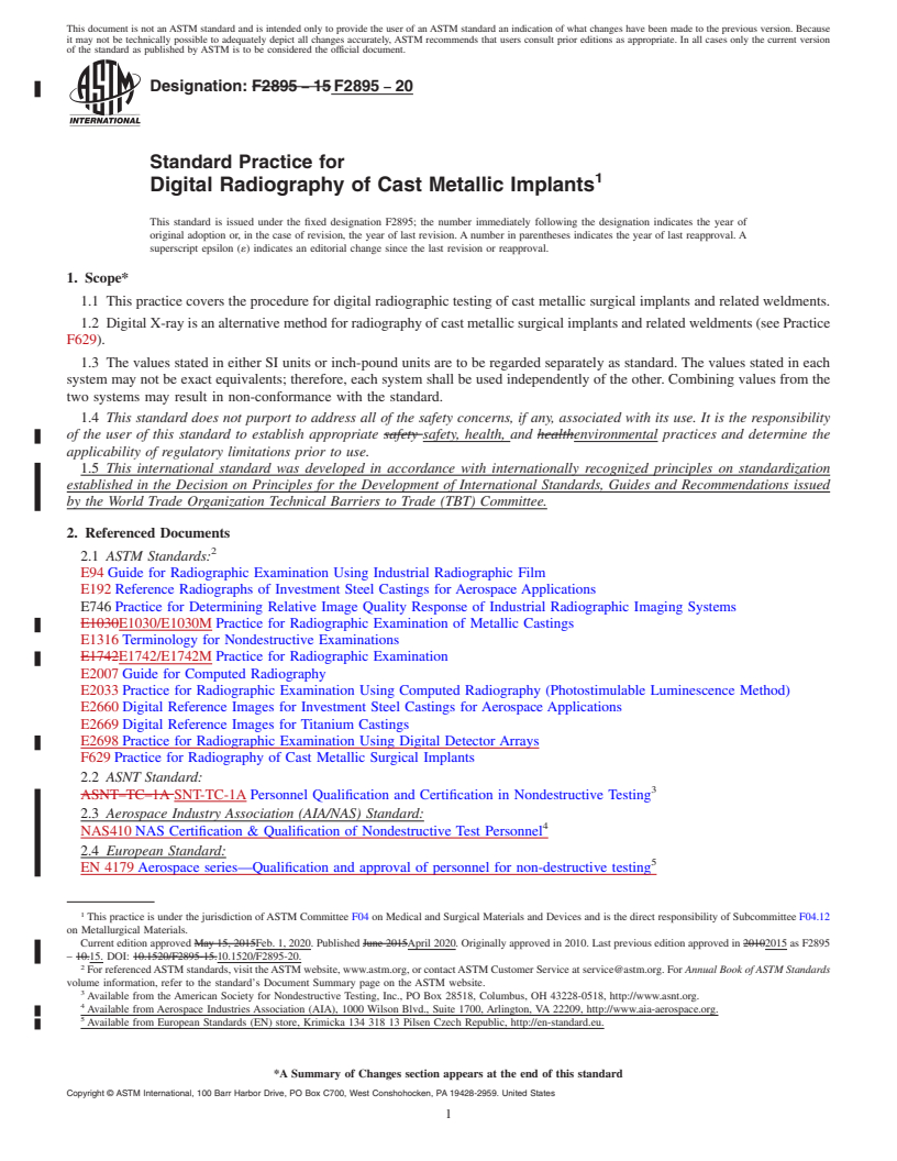 REDLINE ASTM F2895-20 - Standard Practice for  Digital Radiography of Cast Metallic Implants