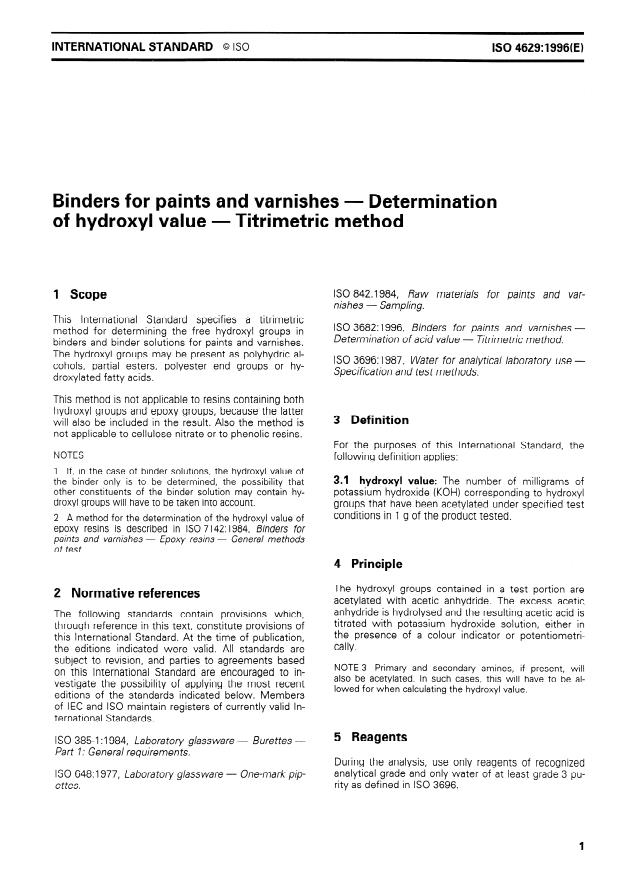 ISO 4629:1996 - Binders for paints and varnishes -- Determination of hydroxyl value -- Titrimetric method