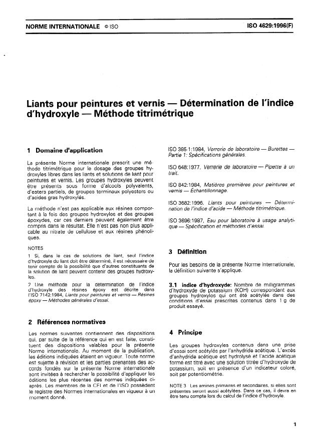 ISO 4629:1996 - Liants pour peintures et vernis -- Détermination de l'indice d'hydroxyle -- Méthode titrimétrique