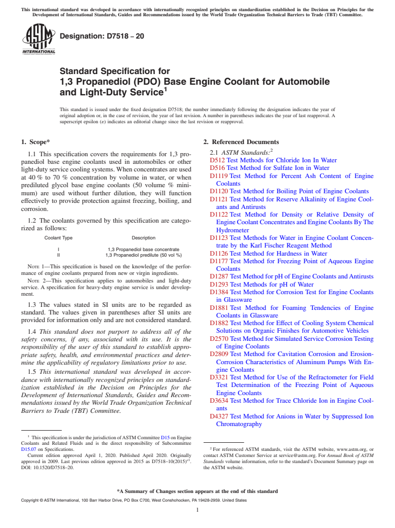 ASTM D7518-20 - Standard Specification for 1,3 Propanediol (PDO) Base Engine Coolant for Automobile and  Light-Duty Service