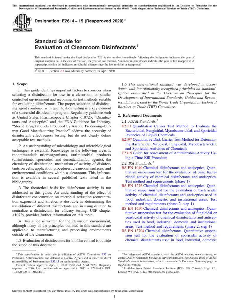 ASTM E2614-15(2020)e1 - Standard Guide for  Evaluation of Cleanroom Disinfectants