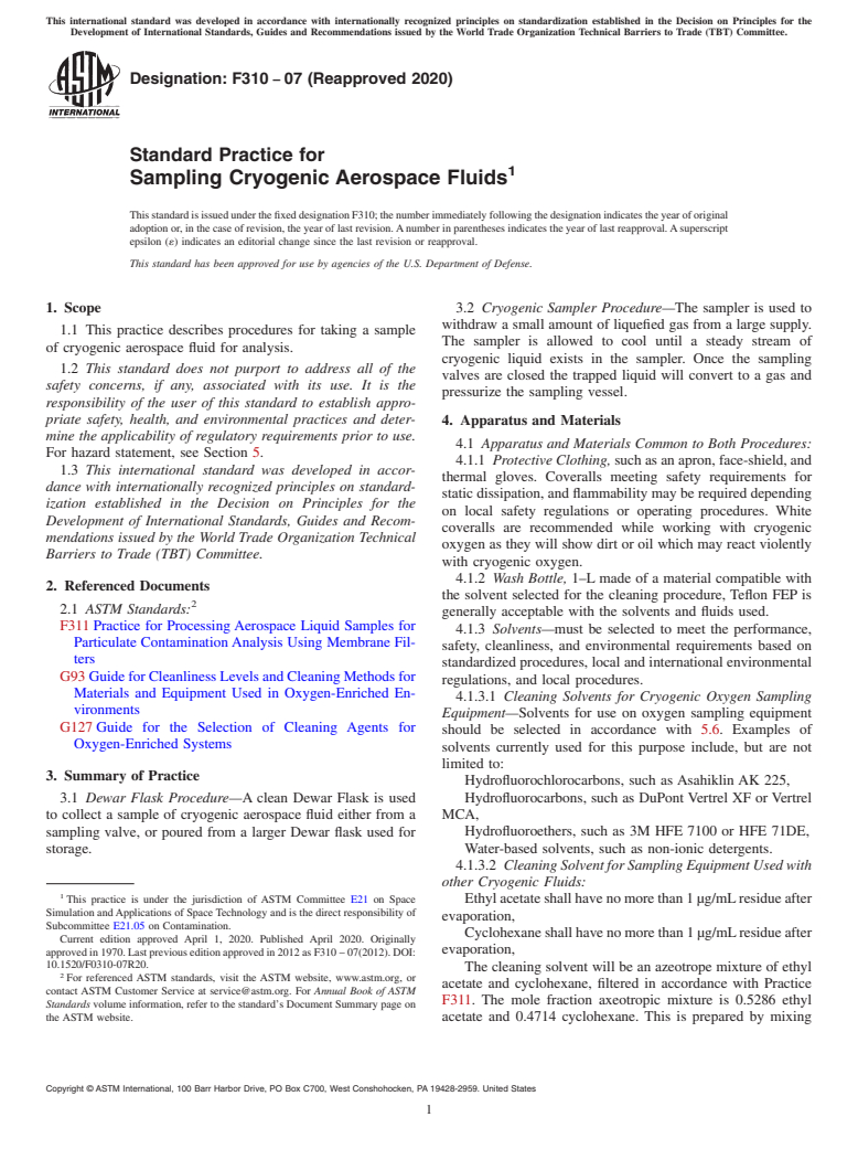 ASTM F310-07(2020) - Standard Practice for  Sampling Cryogenic Aerospace Fluids