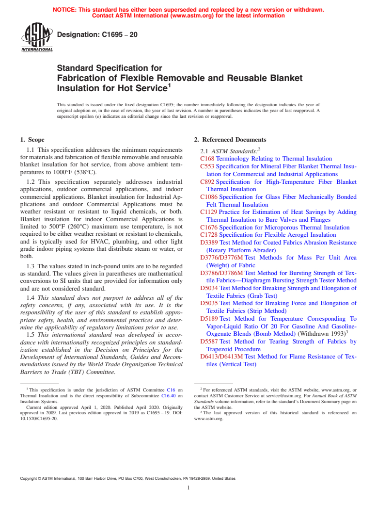 ASTM C1695-20 - Standard Specification for Fabrication of Flexible Removable and Reusable Blanket Insulation  for Hot Service