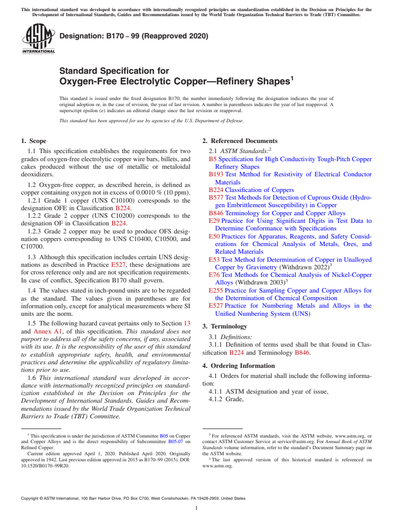 ASTM B170-99(2020) - Standard Specification for Oxygen-Free Electrolytic Copper&#x2014;Refinery Shapes