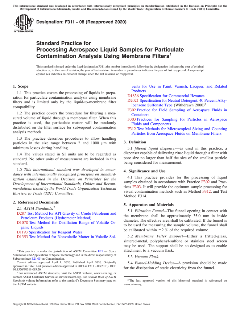 ASTM F311-08(2020) - Standard Practice for  Processing Aerospace Liquid Samples for Particulate Contamination  Analysis Using Membrane Filters