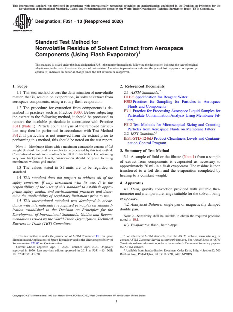 ASTM F331-13(2020) - Standard Test Method for  Nonvolatile Residue of Solvent Extract from Aerospace Components  (Using Flash Evaporator)