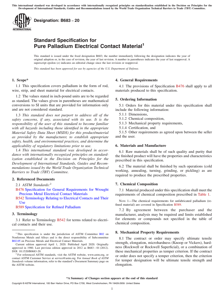 ASTM B683-20 - Standard Specification for  Pure Palladium Electrical Contact Material