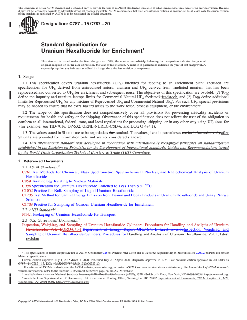 REDLINE ASTM C787-20 - Standard Specification for  Uranium Hexafluoride for Enrichment