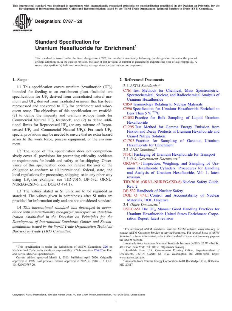 ASTM C787-20 - Standard Specification for  Uranium Hexafluoride for Enrichment