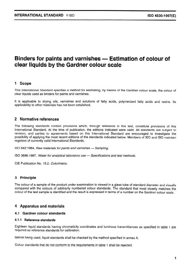 ISO 4630:1997 - Binders for paints and varnishes -- Estimation of colour of clear liquids by the Gardner colour scale
