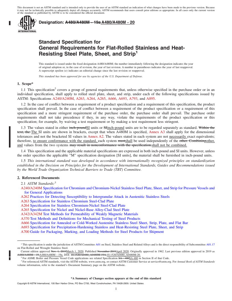 REDLINE ASTM A480/A480M-20 - Standard Specification for  General Requirements for Flat-Rolled Stainless and Heat-Resisting  Steel Plate, Sheet, and Strip