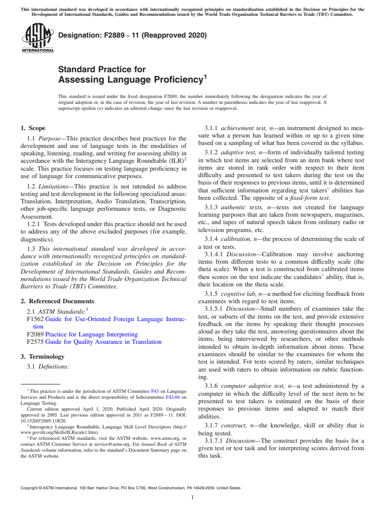 ASTM F2889-11(2020) - Standard Practice for  Assessing Language Proficiency