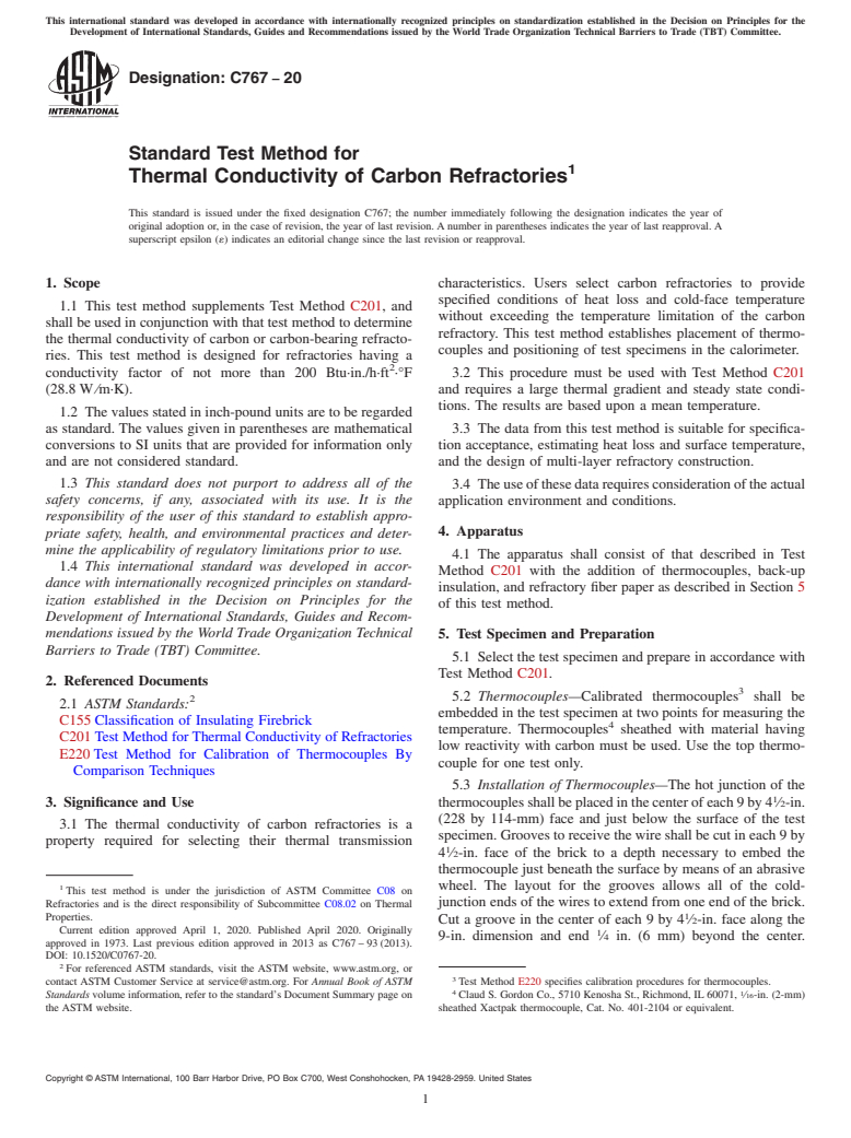 ASTM C767-20 - Standard Test Method for Thermal Conductivity of Carbon Refractories