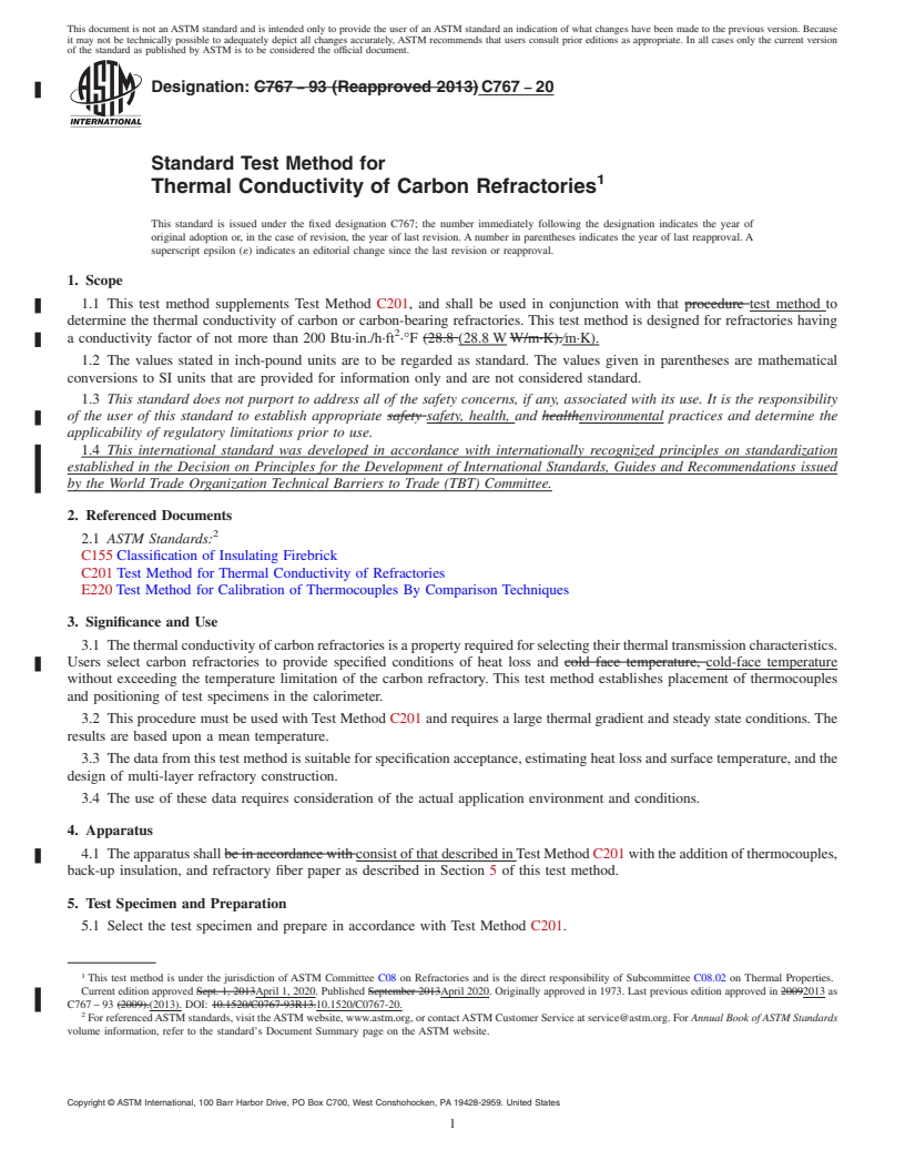 REDLINE ASTM C767-20 - Standard Test Method for Thermal Conductivity of Carbon Refractories