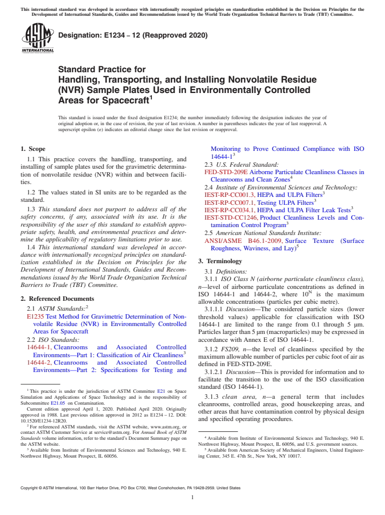 ASTM E1234-12(2020) - Standard Practice for Handling, Transporting, and Installing Nonvolatile Residue  (NVR) Sample Plates Used in Environmentally Controlled Areas for Spacecraft